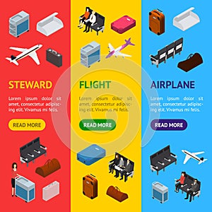 Airplane Interior Elements with People Banner Vecrtical Set Isometric View. Vector