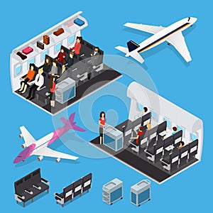 Airplane Interior Elements with People Isometric View. Vector