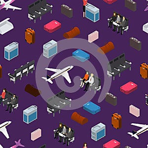 Airplane Interior Elements with People Seamless Pattern Background Isometric View. Vector