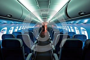 Airplane interior with empty seats. Generative ai