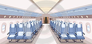 Airplane interior with seats and aisle in perspective view. Inside modern empty air plane. Aircraft with reclining