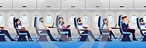 Airplane interior with traveling passengers, seamless horizontal background. People travel by plane. Vector illustration