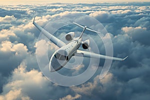 airplane jet flying at flight level high in the sky above the clouds Modern and fastest mode of transportation