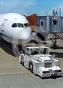 Airplane at jetway ready for pushback