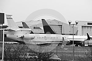 Airplane landed with people stock photo