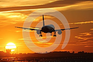 Airplane landing at an airport during sunset