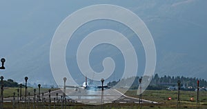 Airplane landing on airport Tivat in Montenegro