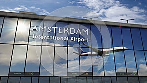 Airplane landing at Amsterdam Schiphol