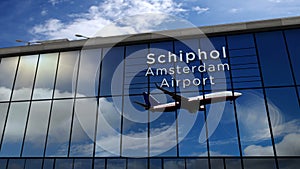 Airplane landing at Amsterdam Schiphol mirrored in terminal