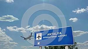 Airplane landing at Antalya Turkey airport