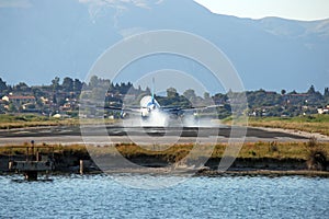 Airplane landing on Corfu airport