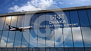 Airplane landing at Dhaka Bangladesh airport mirrored in terminal