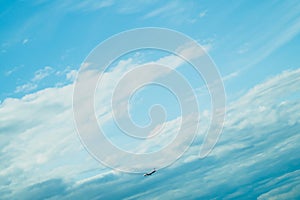 Airplane landing down. passenger aircraft with the cloudscape