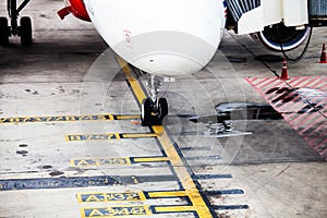 Airplane landing gear wheel parking on ground