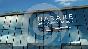Airplane landing at Harare Zimbabwe airport mirrored in terminal