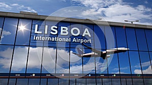 Airplane landing at Lisboa mirrored in terminal