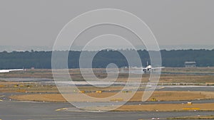 Airplane landing, panoramic view of the airfield