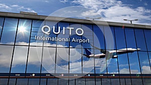 Airplane landing at Quito Ecuador mirrored in terminal