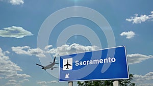 Airplane landing at Sacramento California, USA airport