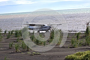 Airplane landing on sandbar