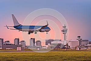 Airplane landing on Schiphol airport in Amsterdam Netherlands