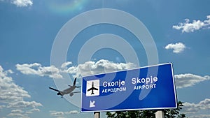 Airplane landing at Skopje North Macedonia airport