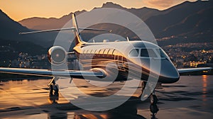 airplane landing at sunset