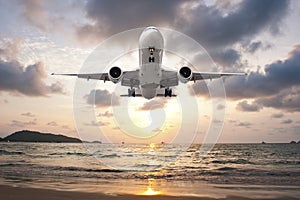 Airplane Landing in sunset