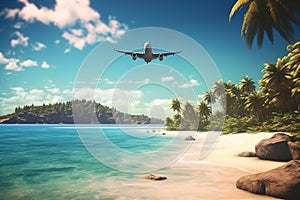 Airplane landing at tropical resort, plane flying above sea beach and jungle, generative AI