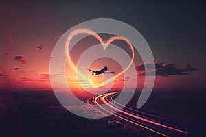 Airplane leaving a heart shaped trail in a sunset. Airplane flies above white clouds at sunset and leaving jet trail in the shape