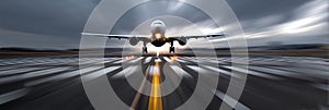 Airplane Lifts off From Runway Amid Dramatic Skies With Motion Blur Showcasing Speed and Power Generative AI photo