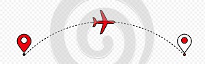 Airplane line path. Air plane flight route with start point and dash line trace.