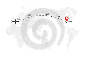 Airplane line path. Air plane flight route with start point and dash line trace. Plane icon over world map. Vector