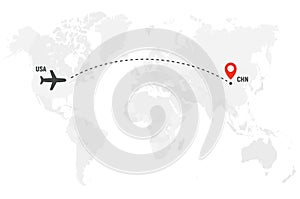 Airplane line path. Air plane flight route with start point and dash line trace. Plane icon over world map. Vector