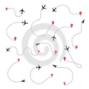 Airplane line path of air plane flight route and start point. Vector Icon