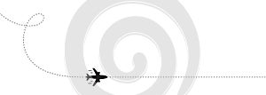 Airplane line path background. Air plane icon with flight route. Travel dash route line, trip flight path. Vector
