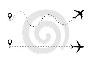 Airplane line path icon of air plane flight route. Airplane travel concept, symbol on isolated background. Flat black airplane