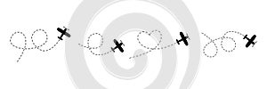 Airplane line path icon. Vector illustration of air plane flight route with line trace