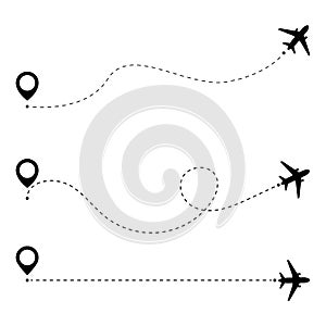 Airplane line path route. Airplane travel concept with map pins, GPS points. Aircraft route dotted lines. Aircrafts and map