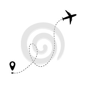 Airplane line path and start point on white background. Dash line trace of trip. Air travel with aircraft tracking. Visual flight