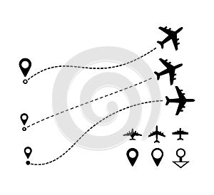 Airplane line path travel line icon set. Vector