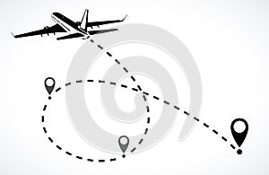 Airplane line path vector icon of air plane flight route with st