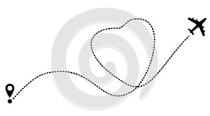 Airplane line path vector icon of air plane flight route with start point and dash line trace