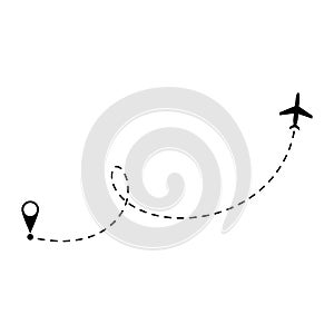 Airplane line path vector icon of air plane flight route with start point and dash line trace