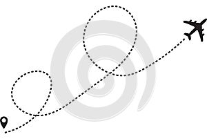 Airplane line path vector icon of air plane flight route with start point and dash line trace