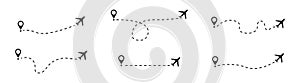Airplane line path. Vector isolated illustration. Travel line icon set. Aeroplane path icons collection