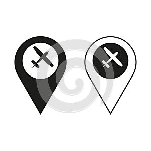 Airplane in location pin symbol. Plane, aircraft icon set. Vector illustration. stock image.