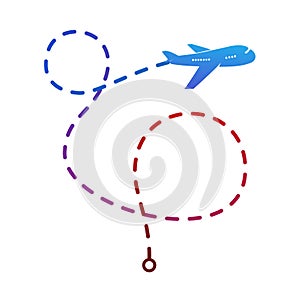 Airplane logo on the color of the flight route vector illustration. Isolated plane flies on a curved line on white background