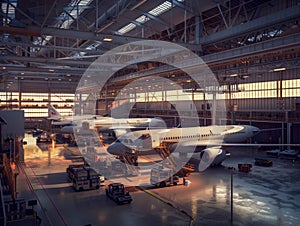 Airplane Maintenance in a Spacious Aircraft Hangar. Generative ai