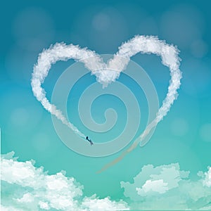 Airplane making heart in sky. Vector illustration decorative design